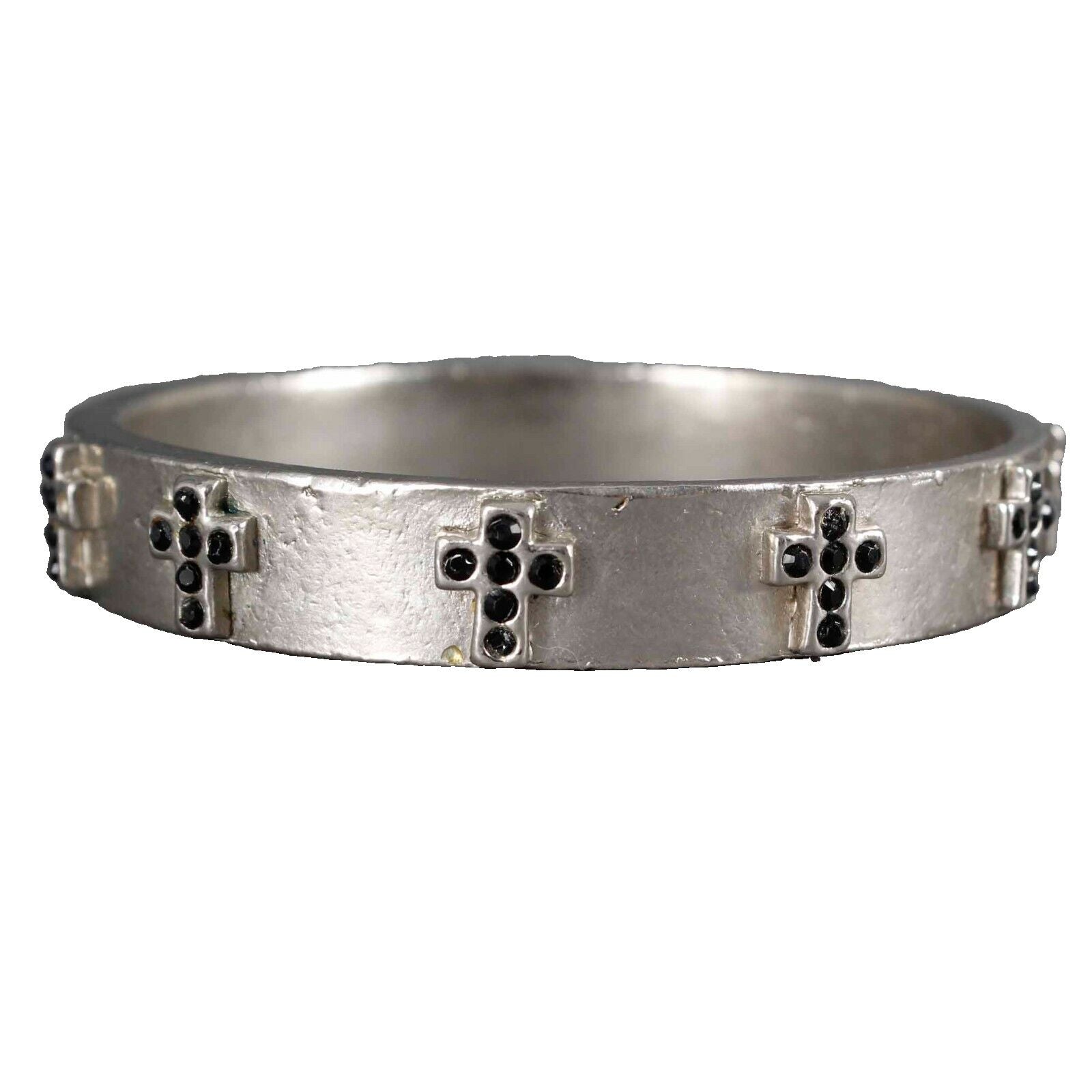 Sisi Amber Silvertone Black Rhinestone Crosses Bangle Bracelet