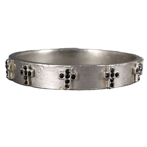 Sisi Amber Silvertone Black Rhinestone Crosses Bangle Bracelet