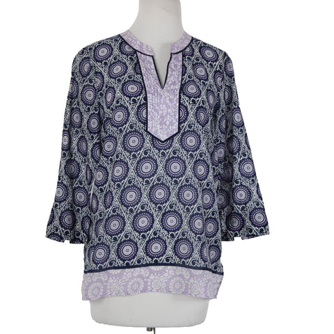 Talbots Sz S Lavender Navy White V Neck Sheer 3/4 Sleeve 100% Cotton Top