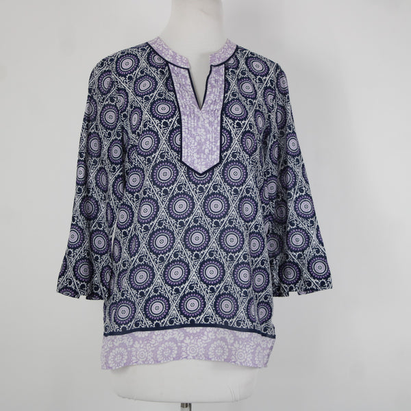 Talbots Sz S Lavender Navy White V Neck Sheer 3/4 Sleeve 100% Cotton Top