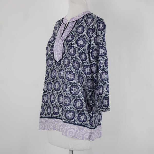 Talbots Sz S Lavender Navy White V Neck Sheer 3/4 Sleeve 100% Cotton Top