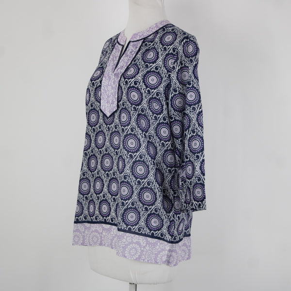 Talbots Sz S Lavender Navy White V Neck Sheer 3/4 Sleeve 100% Cotton Top