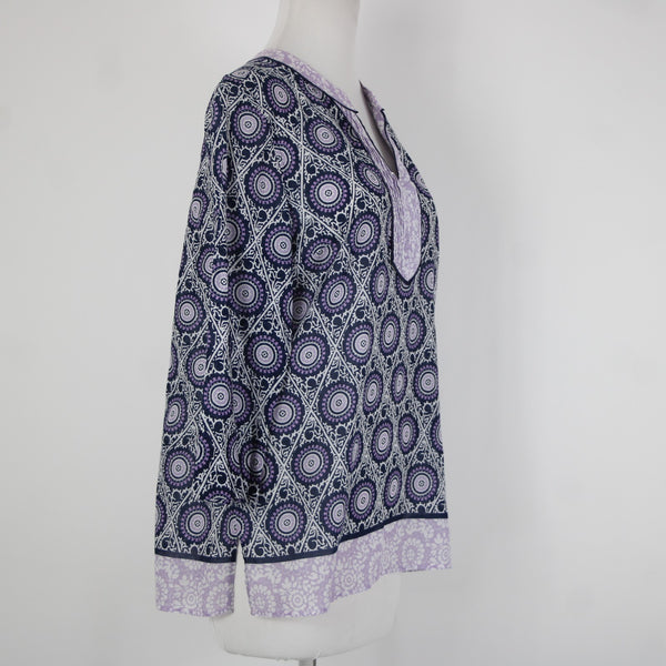 Talbots Sz S Lavender Navy White V Neck Sheer 3/4 Sleeve 100% Cotton Top
