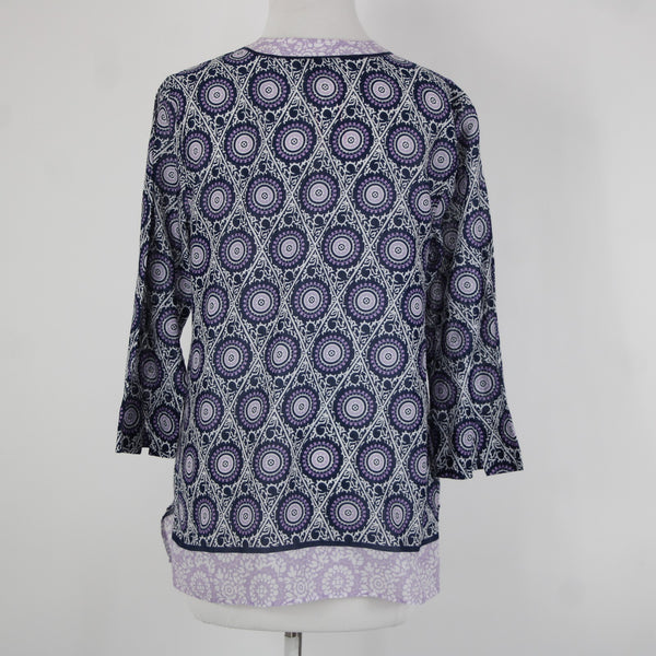 Talbots Sz S Lavender Navy White V Neck Sheer 3/4 Sleeve 100% Cotton Top