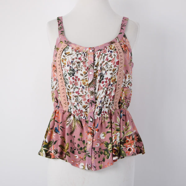 Tiny Top NEW $88 Sz M Pink Green Multi Color Floral 100% Cotton Camisole Top