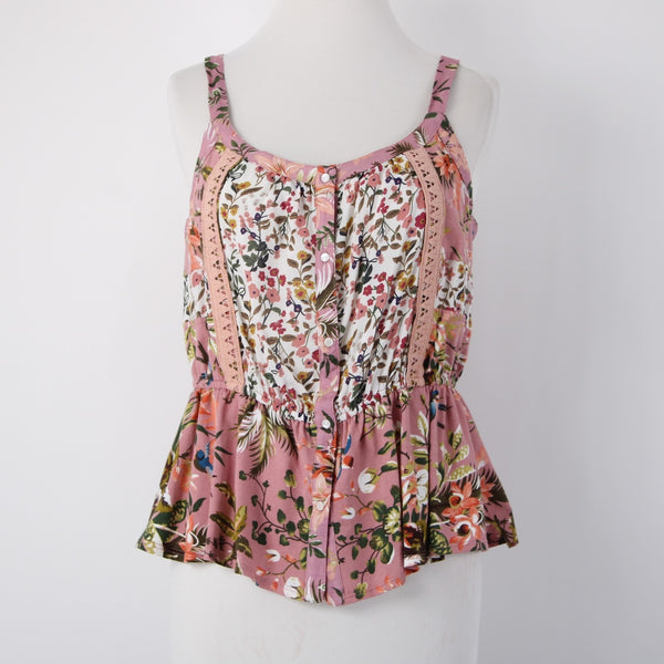 Tiny Top NEW $88 Sz M Pink Green Multi Color Floral 100% Cotton Camisole Top