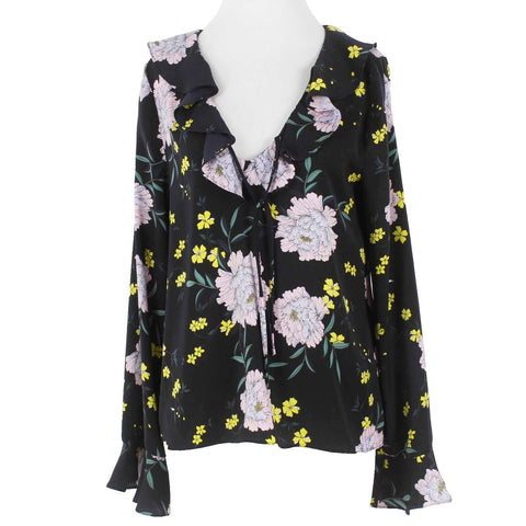 Cupcakes and Cashmere Sz M Navy Blue Multi V Neck Ruffled Poly Woven Blouse Top
