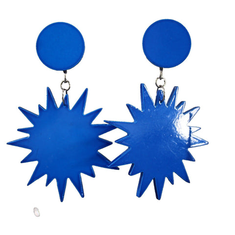 Pinguino Mod Blue Silver Plastic Dangle 3.5" Huggie Clip On Earrings