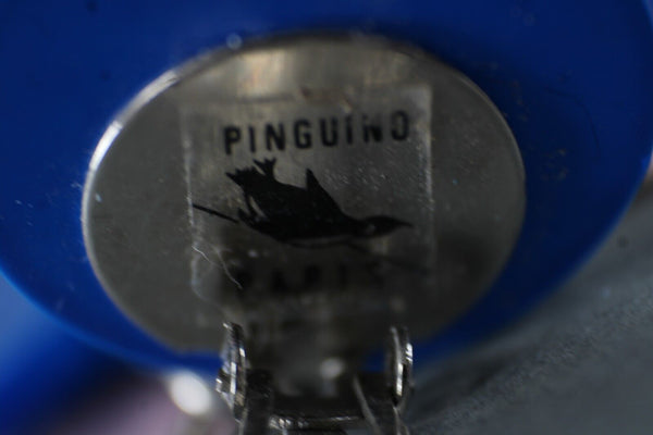 Pinguino Mod Blue Silver Plastic Dangle 3.5" Huggie Clip On Earrings