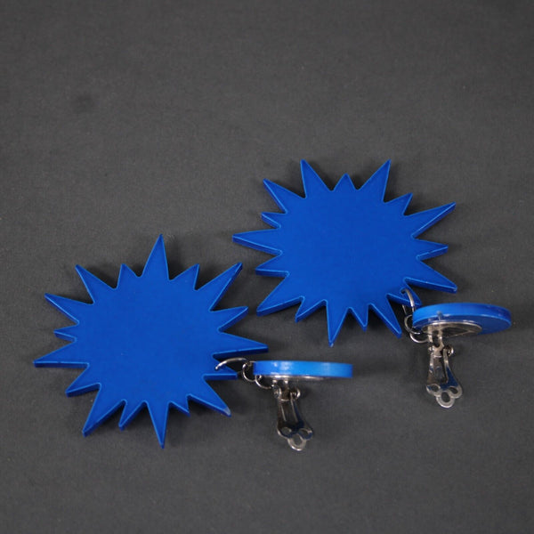 Pinguino Mod Blue Silver Plastic Dangle 3.5" Huggie Clip On Earrings