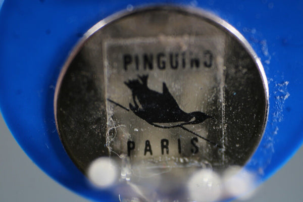Pinguino Mod Blue Silver Plastic Dangle 3.5" Huggie Clip On Earrings