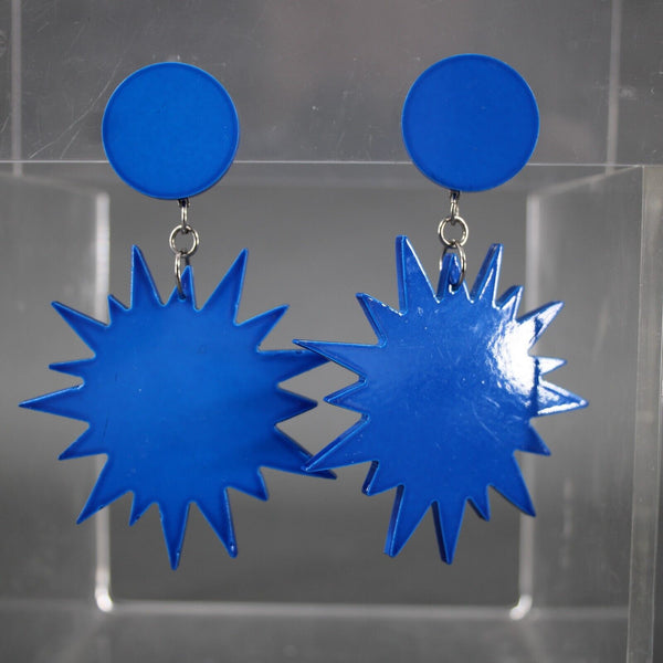 Pinguino Mod Blue Silver Plastic Dangle 3.5" Huggie Clip On Earrings