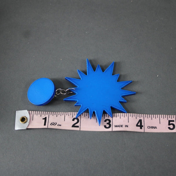 Pinguino Mod Blue Silver Plastic Dangle 3.5" Huggie Clip On Earrings