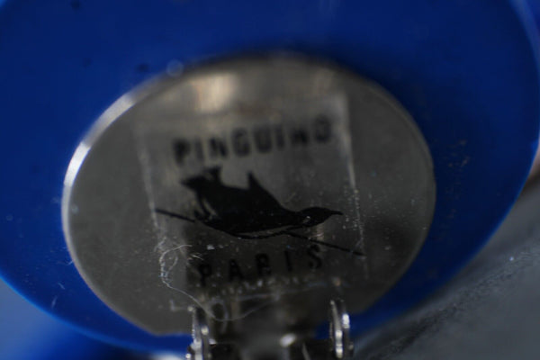 Pinguino Mod Blue Silver Plastic Dangle 3.5" Huggie Clip On Earrings