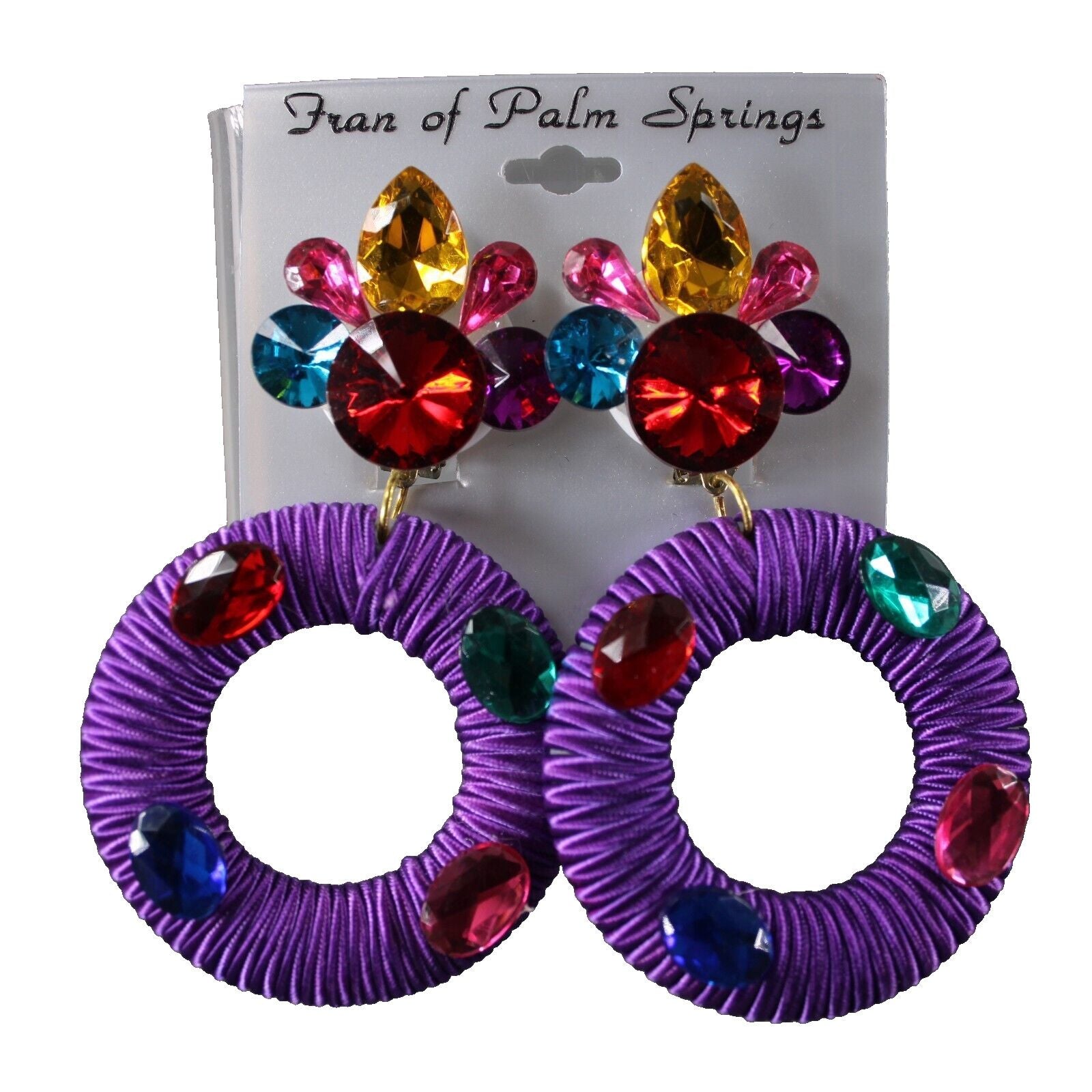 Fran Of Palm Springs 70's Purple Multi Rhinestones 3.5" Huggie Clip On Earrings