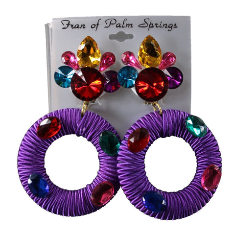 Fran Of Palm Springs 70's Purple Multi Rhinestones 3.5" Huggie Clip On Earrings