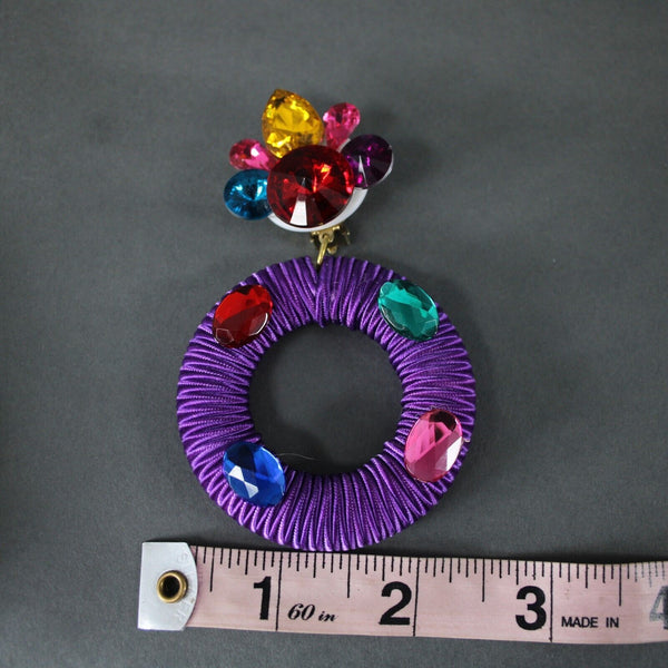 Fran Of Palm Springs 70's Purple Multi Rhinestones 3.5" Huggie Clip On Earrings