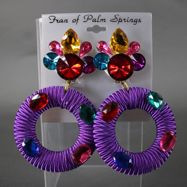 Fran Of Palm Springs 70's Purple Multi Rhinestones 3.5" Huggie Clip On Earrings