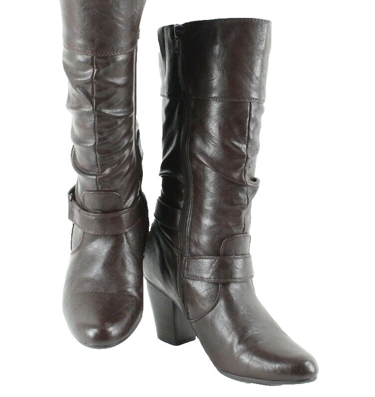 White Mountain 9.5M Brown Slouch High Heel Vegan Faux Leather Boot