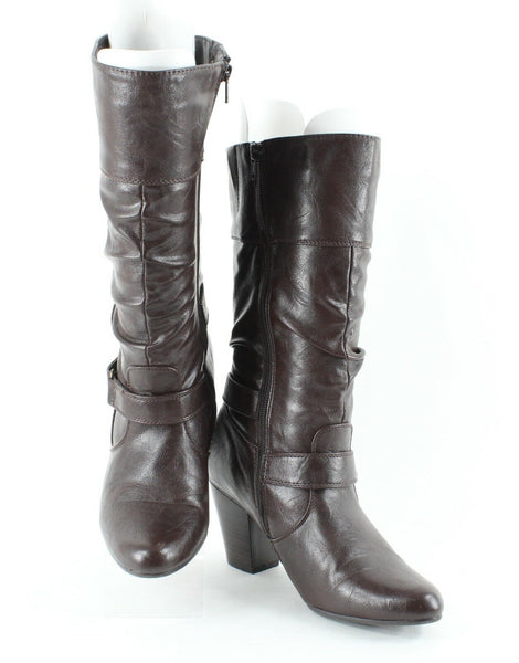 White Mountain 9.5M Brown Slouch High Heel Vegan Faux Leather Boot