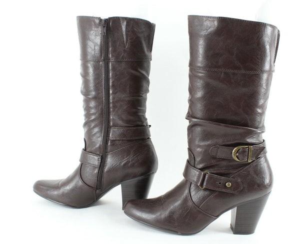 White Mountain 9.5M Brown Slouch High Heel Vegan Faux Leather Boot