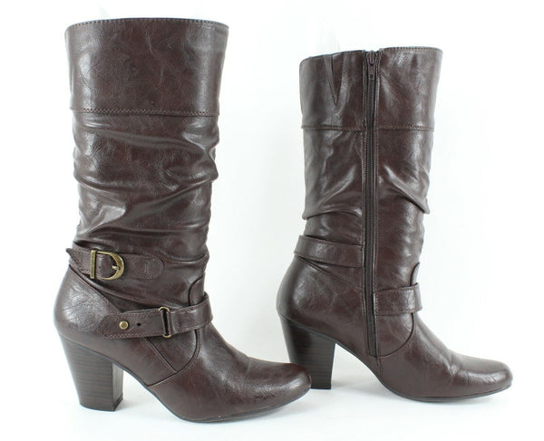 White Mountain 9.5M Brown Slouch High Heel Vegan Faux Leather Boot