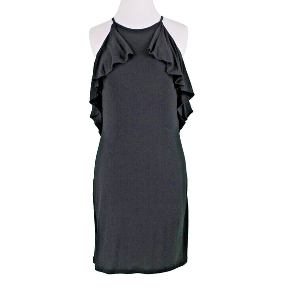 Ann Taylor Sz 0 Black Back Tie Halter Arm Ruffles Rayon Poly Spandex Knit Dress