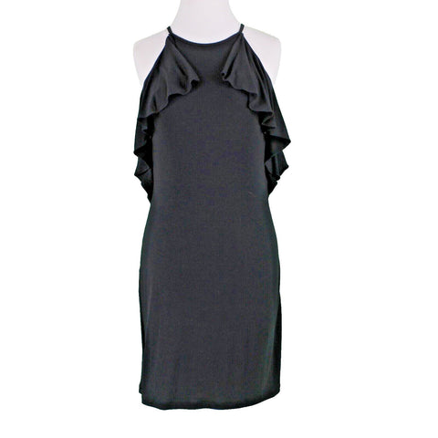 Ann Taylor Sz 0 Black Back Tie Halter Arm Ruffles Rayon Poly Spandex Knit Dress