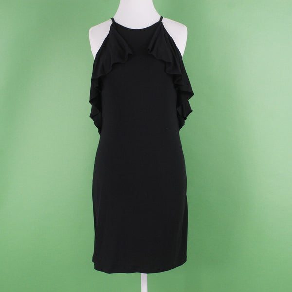 Ann Taylor Sz 0 Black Back Tie Halter Arm Ruffles Rayon Poly Spandex Knit Dress