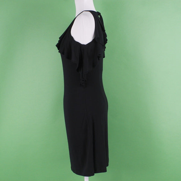 Ann Taylor Sz 0 Black Back Tie Halter Arm Ruffles Rayon Poly Spandex Knit Dress