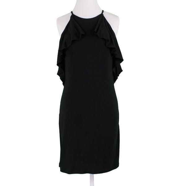 Ann Taylor Sz 0 Black Back Tie Halter Arm Ruffles Rayon Poly Spandex Knit Dress