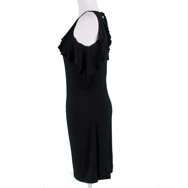 Ann Taylor Sz 0 Black Back Tie Halter Arm Ruffles Rayon Poly Spandex Knit Dress