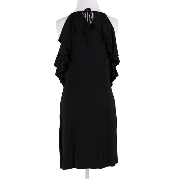 Ann Taylor Sz 0 Black Back Tie Halter Arm Ruffles Rayon Poly Spandex Knit Dress