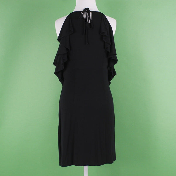 Ann Taylor Sz 0 Black Back Tie Halter Arm Ruffles Rayon Poly Spandex Knit Dress