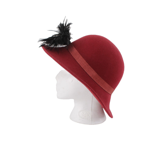 Hat 24" Burgundy Red Black Feather Embellished 100% Wool Hat