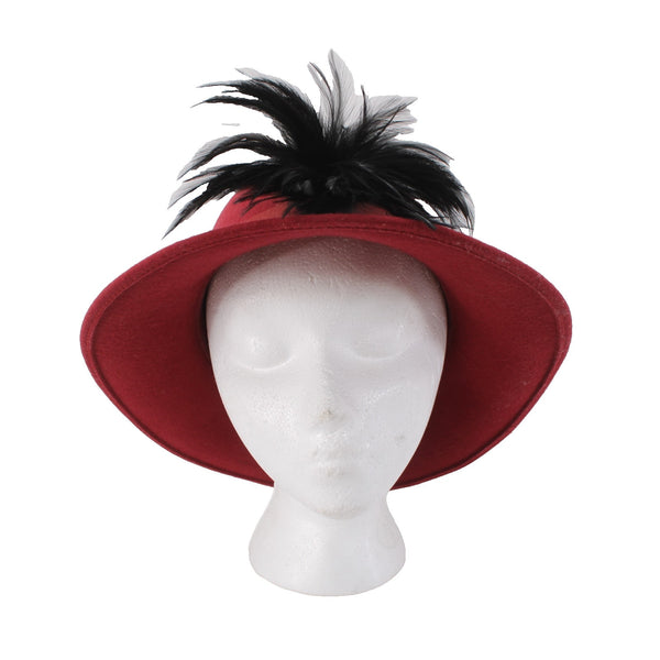 Hat 24" Burgundy Red Black Feather Embellished 100% Wool Hat