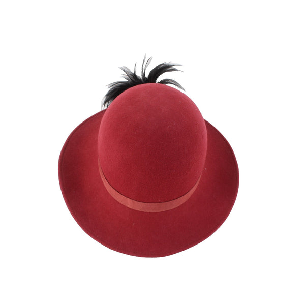 Hat 24" Burgundy Red Black Feather Embellished 100% Wool Hat