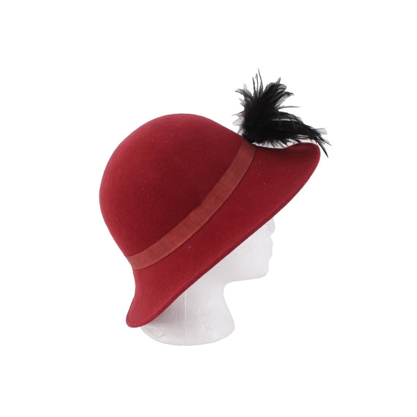 Hat 24" Burgundy Red Black Feather Embellished 100% Wool Hat