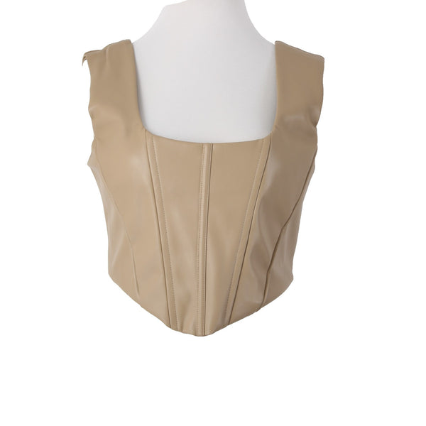 The Closet Top NEW $68 Camel Tan Crop Faux Leather Alginate Rayon Top