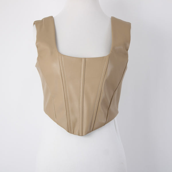 The Closet Top NEW $68 Camel Tan Crop Faux Leather Alginate Rayon Top