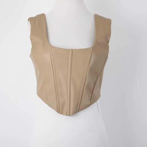 The Closet Top NEW $68 Camel Tan Crop Faux Leather Alginate Rayon Top