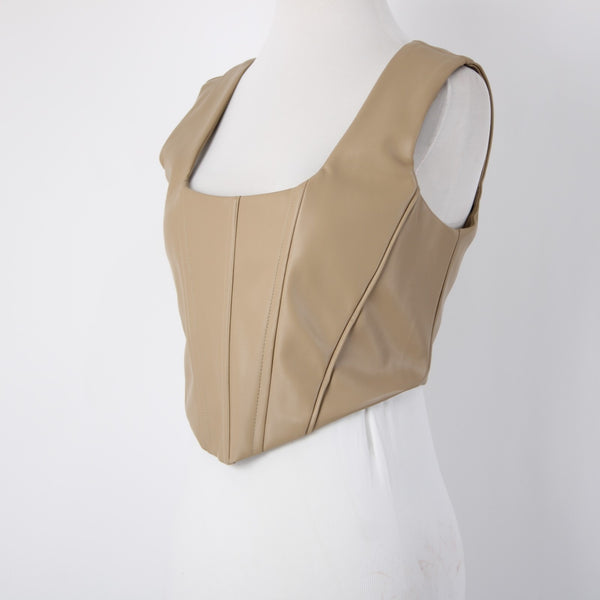 The Closet Top NEW $68 Camel Tan Crop Faux Leather Alginate Rayon Top
