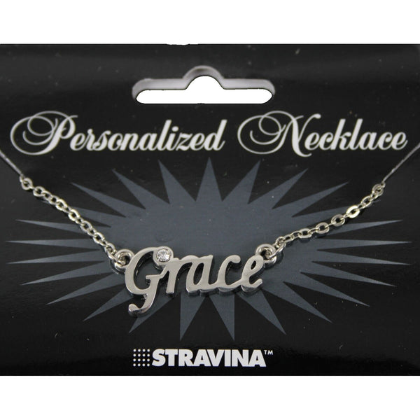 GRACE Name Silvertone Rhinestone 14.5" w 4.5" Multi Ring Ext Necklace