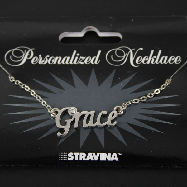 GRACE Name Silvertone Rhinestone 14.5" w 4.5" Multi Ring Ext Necklace