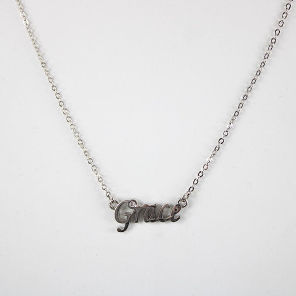 GRACE Name Silvertone Rhinestone 14.5" w 4.5" Multi Ring Ext Necklace