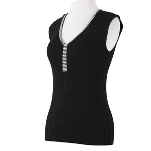 Cache Sz S Black Silver Rhinestones V Neck Ribbed Rayon Spandex AS IS Top
