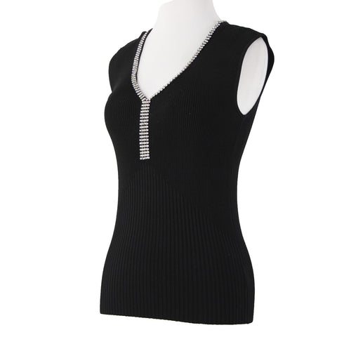 Cache Sz S Black Silver Rhinestones V Neck Ribbed Rayon Spandex AS IS Top