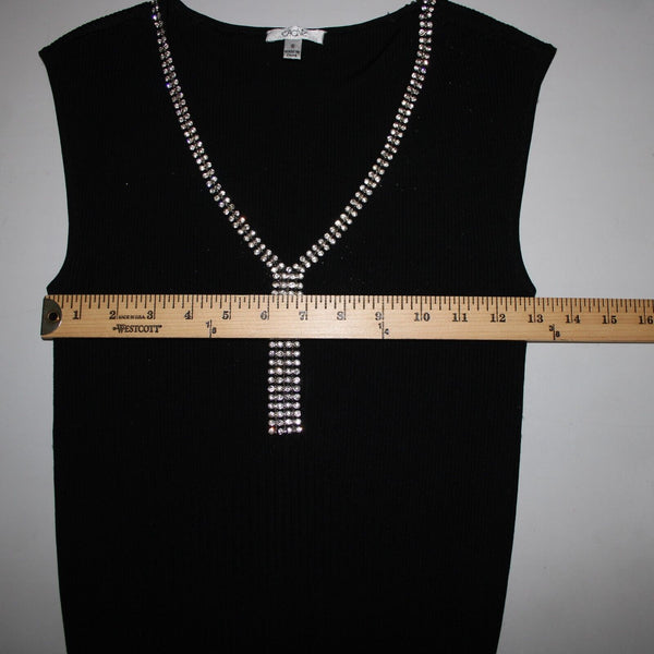Cache Sz S Black Silver Rhinestones V Neck Ribbed Rayon Spandex AS IS Top