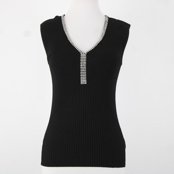 Cache Sz S Black Silver Rhinestones V Neck Ribbed Rayon Spandex AS IS Top