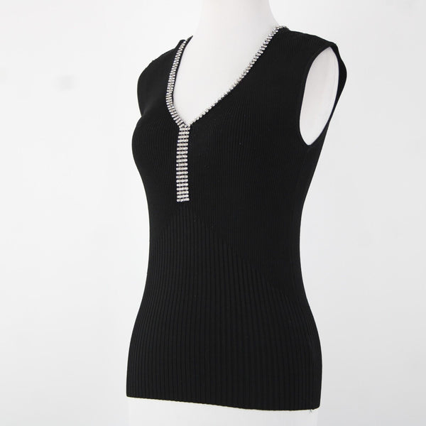 Cache Sz S Black Silver Rhinestones V Neck Ribbed Rayon Spandex AS IS Top